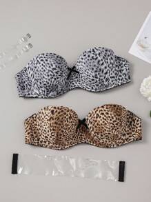 SHEIN 2pcs/Set Women Simple Printed Wireless Gather Push Up Convertible Bra With Hidden Strap & Underwire - Multicolor - View 1