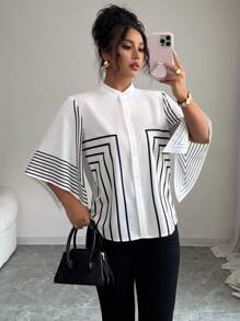 Elenzga Stand Collar Placement Digital Print Geometric Lines Asymmetrical Sleeve Opening French Elegant Shirt, Resort Wear Spring/Summer