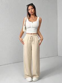 SHEIN PETITE 女款三件套纹理阔腿裤 黑色+白色+绿色 - 彩色 - 查看 6