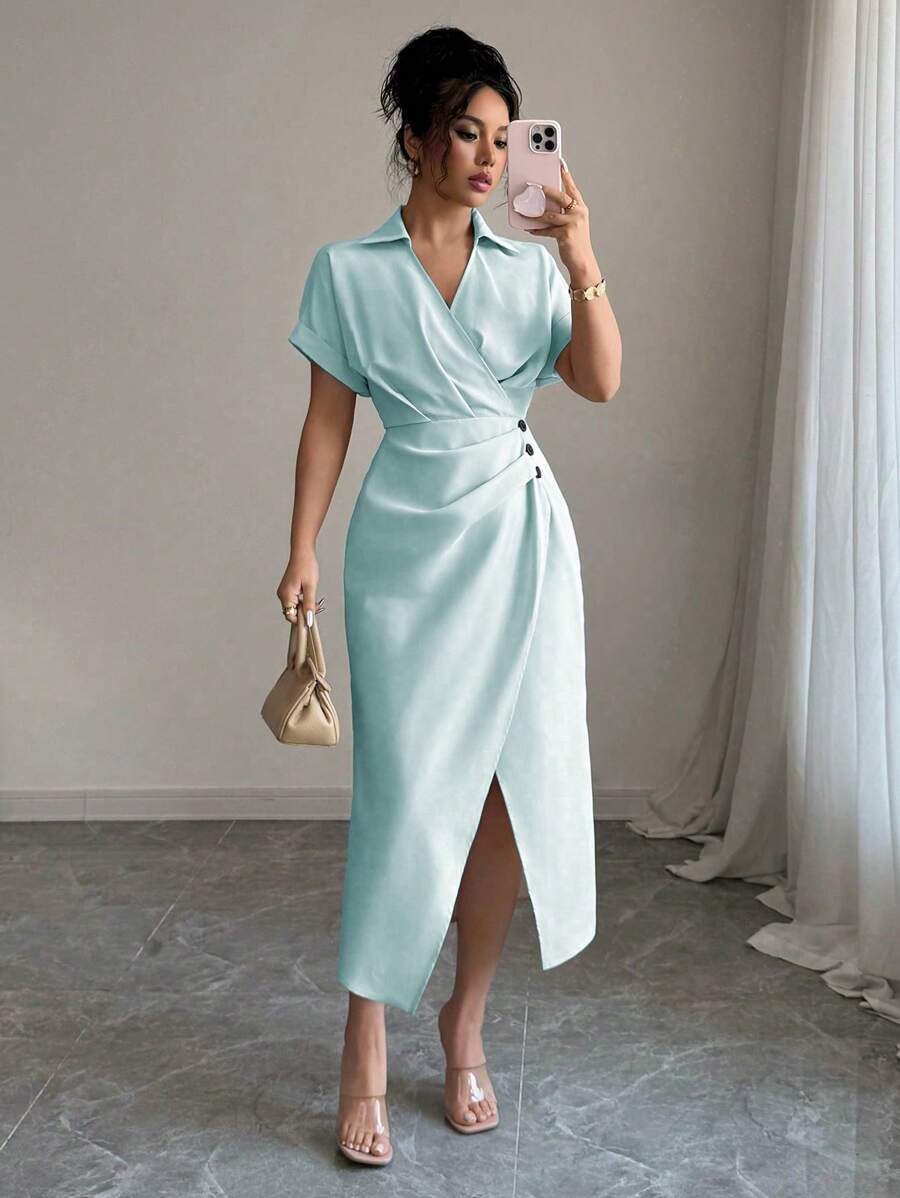 Elenzga 女士素色简约日常短袖连衣裙