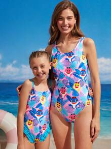BABY SHARK X SHEIN Damen Urlaubs-Familien-Outfit rosa Hai Palmen Muster Badeanzug, Strand Urlaubs Cartoon Muster lässiger Sommer Badeanzug