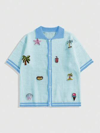 Prep Herren Sommer Urlaubshemd mit Kokospalmen Stickerei, Knopffront Strickoberteil