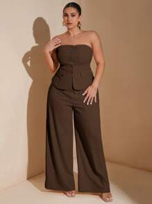 SHEIN Tall CURVE 大码女士优雅约会甜美女孩纯色抹胸西装外套夏季套装，适合工作制服办公室仙女美人鱼风商务套装 - 咖啡棕 - 查看 5