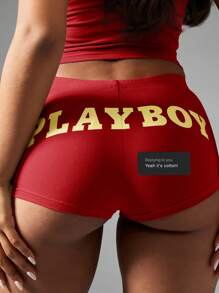 Missguided x Playboy Pantalones cortos de mujer estilo navideño para uso informal, relajado y de playa, con cintura alta y diseño retro - Rosa Roja - Ver 9