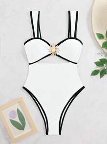 Swim Chiccia 夏季海滩女士黑白太阳形状装饰连体泳衣，优雅/休闲舒适度假/沙滩装泳装 - 黑與白 - 查看 4