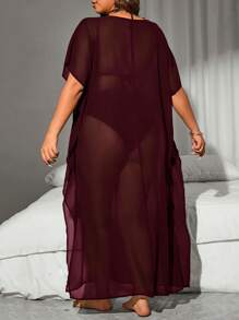 Swim Vcay 女式加大码纯色圆领短袖网眼侧开衩下摆罩衫/连衣裙 - 酒紅色 - 查看 2