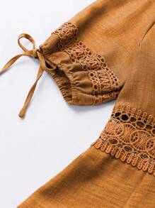 SHEIN Clasi Women's Summer Solid Color Ruffle V-Neck Short Puff Sleeve Dress - Yellow - View 4