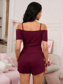 SHEIN 女士可爱露肩吊带背心夏季睡衣套装 - 酒紅色 - 查看 2