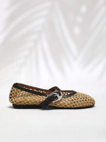SHUZIA Giày búp bê Mary Jane Ballet Flat Crochet Raffia dành cho nữ - Màu be - Xem 6