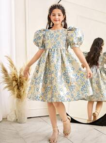 SHEIN Tween Girls' Elegant Floral Jacquard Puff Sleeve V-Back Butterfly Decor Midi Dress - Blue - View 3