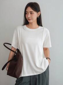 Dazy-Less 女士圆领宽松休闲商务拼布短袖T恤上衣，夏季 - 白色 - 查看 3