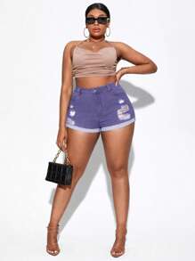 SHEIN SXY Quần short denim thường ngày đa năng có túi rách cỡ lớn cho nữ - Màu tím - Xem 4