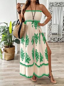 SHEIN Clasi Gedrucktes Trägerloses Jumpsuit in großen Größen mit Oberschenkel hohen Schlitzen - Verschiedenfarbig - Übersicht 1