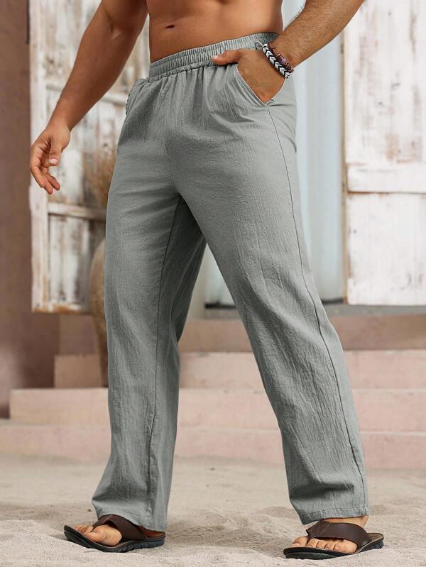 Manfinity Nomadique Men's Solid Color Elastic Waist Inserted Pockets Straight Leg Casual Linen Pants