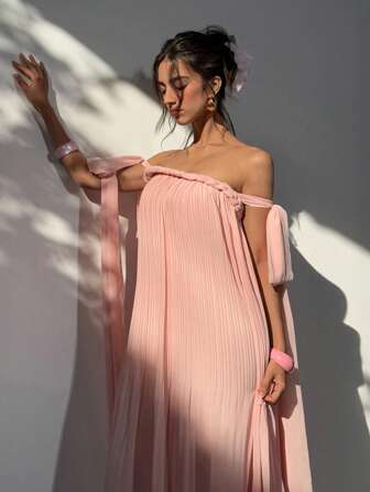 Aloruh Women's Spring & Summer Vacation Bohemian Off Shoulder Flowy Chiffon Pleated Rope Bowknot Sleeveless Loose A-Line Maxi Dress, Pink