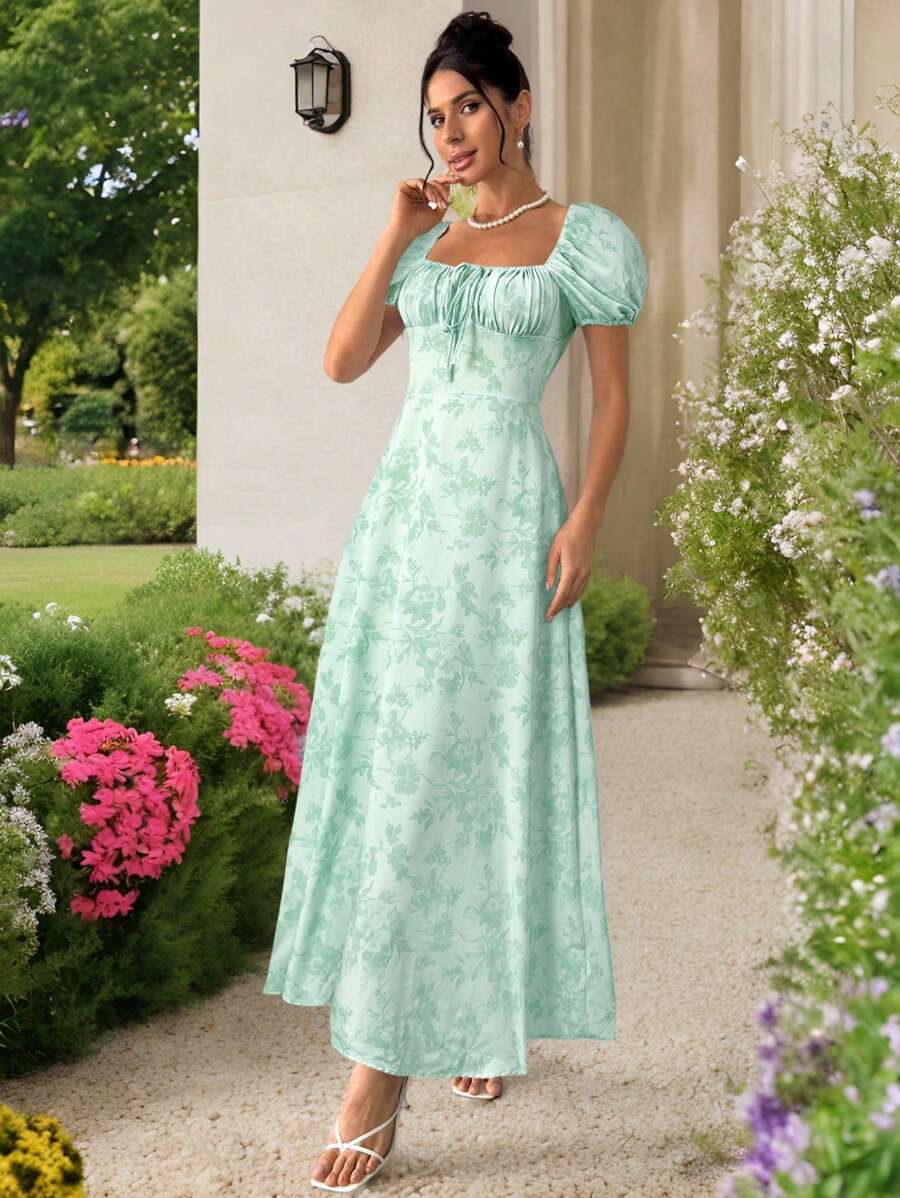 Firerie 女式新款蓝白花朵性感方领泡泡袖花卉印花前系带连衣裙，波西米亚风连衣裙，适合情人节、音乐会、表演、约会、派对、庆典、婚礼季节、性感、优雅、通勤、返校、度假、海滩、浪漫 - 綠色 - 查看 1