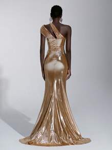 Elitara Vestido elegante, romántico, sexy, minimalista, de color dorado, con tela recubierta, asimétrico en los hombros, con recortes, drapeado, de silueta ceñida, con cola de pez, con cola drapeada, de moda, sensación en internet, para fiestas, vacaciones, cumpleaños, bodas y eventos formales - Dorado - Ver 2