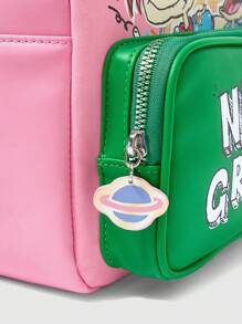 Nick 90's X ROMWE Fashionable Casual Contrast Color Cartoon Pattern Backpack, Back To School Essentials, Preppy Backpack For School - Pink - View 9