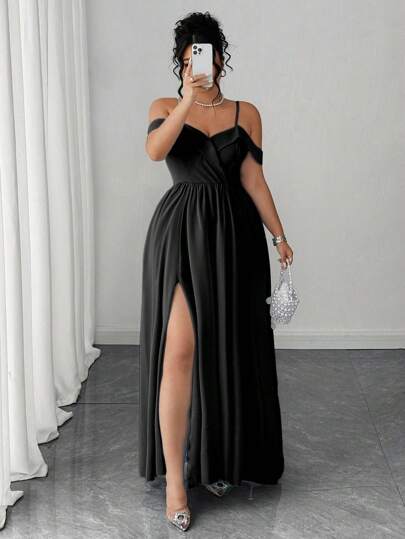 Elenzga Vestido de mujer de talla grande elegante con tirantes finos y abertura en la falda