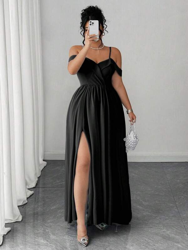 Elenzga Vestido de mujer de talla grande elegante con tirantes finos y abertura en la falda