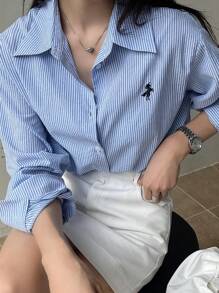 DAZY 女式休闲通勤条纹刺绣蓝色衬衫长袖上衣