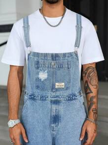 Manfinity Homme Men's Letter Print Distressed Casual Versatile Denim Bib Overalls Hang Out Street Work Urban