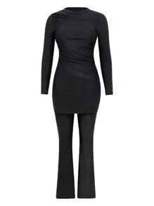 Swim Mulvari Swim Shayni Women 2 Pieces Set - Crew Neck Long Sleeve Top & Form-Fitting Long Pants Conservative Holiday Outfit For Summer Beach Vacation