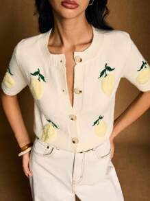 Poéselle 柠檬刺绣休闲针织短袖开衫 - 米色 - 查看 5