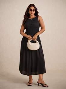 Elaquor 大码女式黑色无袖松紧腰连衣裙，适合度假、通勤和日常穿着 - 黑色 - 查看 3