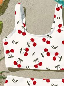 SHEIN Cherry Girl Cute Mini Cherry Print Tween Girls Casual Simple Camisole Top And Triangle Brief Swimwear Set, Suitable For Summer, Vacation Relax, Beach Weekend, Cute Summer Outfits For Summer Items, Butterfly, Korean Style, Beach Mode On, Summer Outing Items