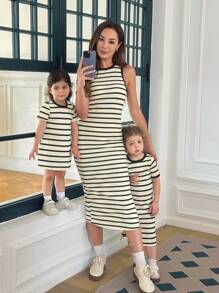 SHEIN Babygirl Cute Summer Elegant Knitted Striped Short Sleeve Loose Dress,Skin-Friendly And Soft Fabric To Protect Baby's Skin, Can Be Worn Indoors Or Outdoors, First Choice For Mothers Mommy And Me Matching Outfits Mama And Me Dresses Mother Daughter Matching Dresses Mommy And Me Striped Dresses Family Matching Outfits - Black and White - View 8