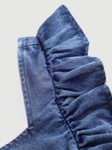 SHEIN 少女夏季纯色水洗无袖露背露背连体裤，带蝴蝶结和荷叶边装饰，休闲风格和休闲版型，女孩夏季海滩波西米亚风度假休闲装，狂欢音乐会节日装，返校 - 深色水洗藍 - 查看 6