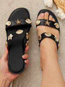 SHUZIA New Hot 2025 Women's Black Pu Double Strap Slider Sandal Slip-On Gold Seashell Design Non-Slip Beach Sandal Shoe Vacation Spring Summer Mother's Day Present - Black - View 3