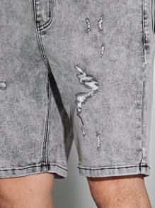 Manfinity EMRG Men's Light Grey Ripped Denim Shorts Avant-Garde Hip-Hop Streetwear Style Zipper Detail Short Length For A Summer Look - Light Grey - View 4