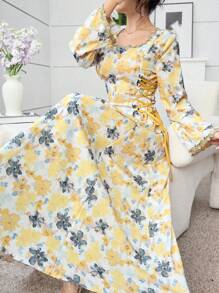 Al Najma 2025 Latest  Arabic Style Versatile Slimming Print Dress, Fashion  Long Dress - Yellow - View 1