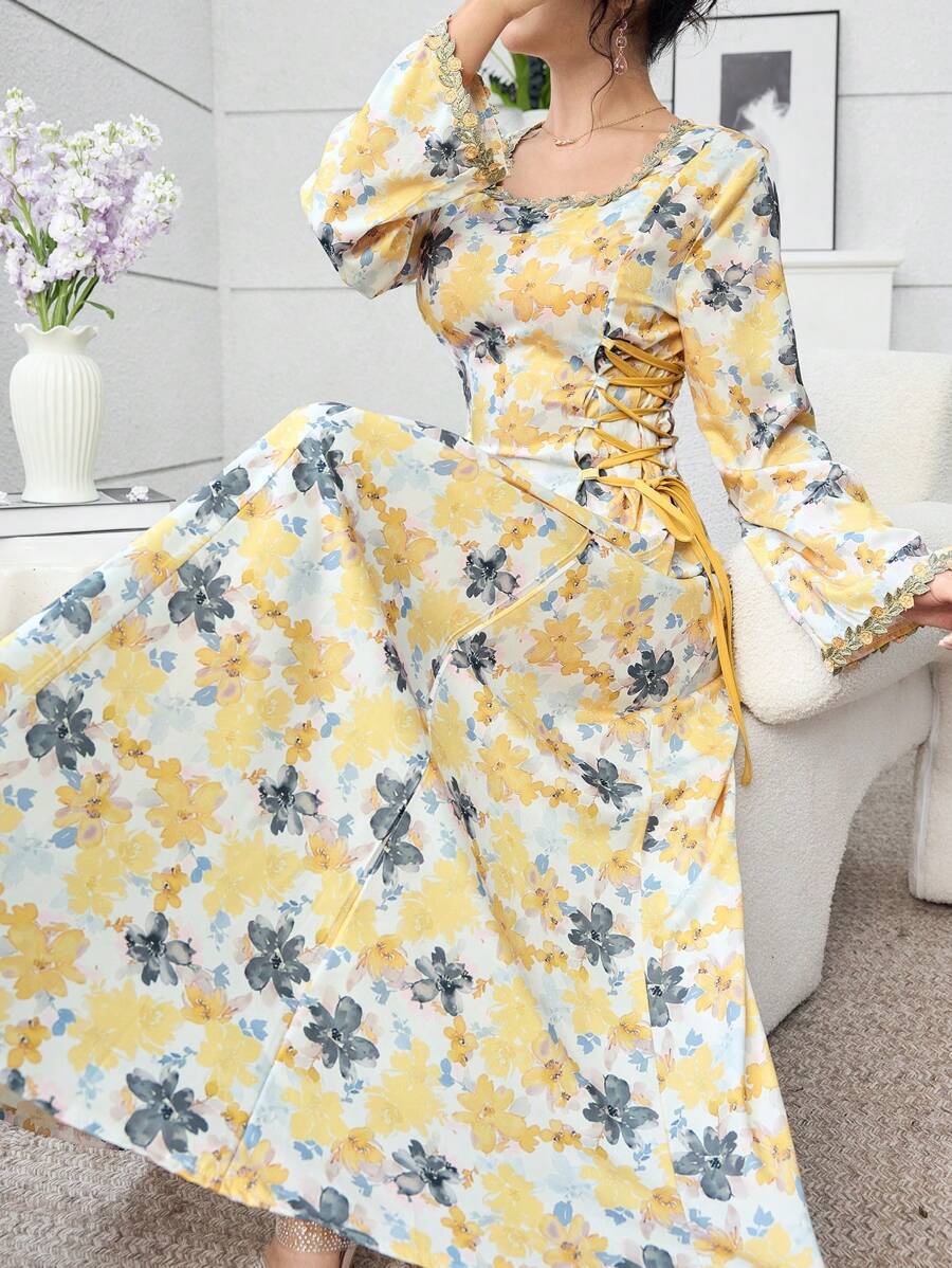 Al Najma 2025 Latest  Arabic Style Versatile Slimming Print Dress, Fashion  Long Dress - Yellow - View 1