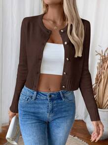 EMERY ROSE Women Plain Color Button-Up Casual Cardigan Fall Winter Cloth For Women - Rust Brown - View 4