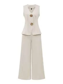 SHEIN PETITE Ensemble 2 pièces en couleur unie, débardeur col V et pantalon large décontracté pour le travail - Gris pâle - Voir 7