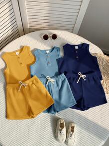 SHEIN 6件套男婴可爱休闲针织上衣和短裤套装，夏季基本款服装 - 藍色 - 查看 3