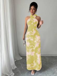 Elenzga Elegancka marmurkowa sukienka maxi z nadrukiem tie-dye i halterem - Żółty - Zobacz 4
