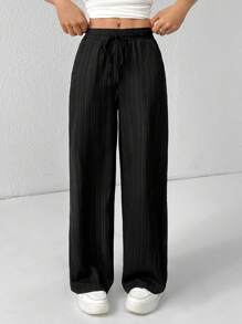 SHEIN PETITE 女款三件套纹理阔腿裤 黑色+白色+绿色 - 彩色 - 查看 5