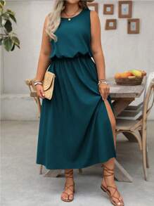 Linhara 加大码 LUNE 无袖圆领纯色休闲通勤长裙，收腰，前开衩，适合女性 - 藍色 - 查看 4