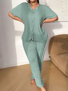 SHEIN Solid Color Bow Decor Knitted Long Sleeve Top & Pants Lounge Set, Plus Size, Outfits - Green - View 4