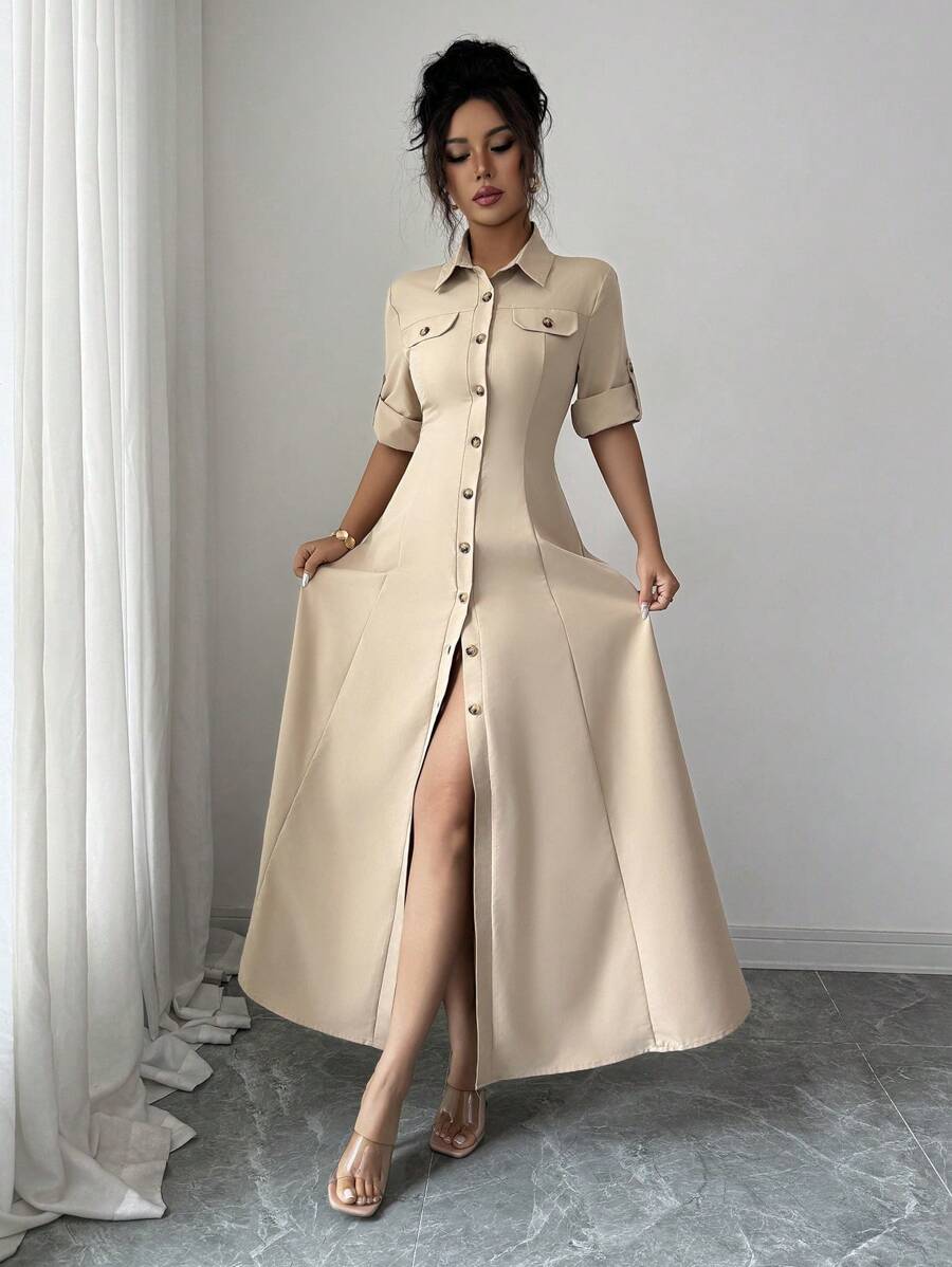 Elenzga Women Elegant Commuter Solid Color Front Button Down Long Dress - Khaki - View 1