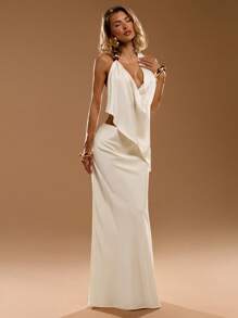 SHEIN BAE 春夏纯色深垂领露背系带超长吊带裙，优雅连衣裙，度假连衣裙，伴娘礼服，生日派对礼服，毕业礼服，白色连衣裙 - 杏色 - 查看 4