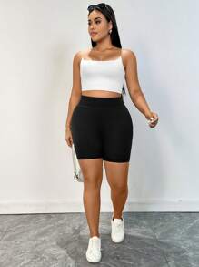 SHEIN Essnce 大码女装春夏时尚休闲运动舒适高弹基础百搭日常摩托车短裤打底裤2条装，简约风格，Y2K服饰，街头风，迷你短裤，夏季下装，超短裤，骑行短裤，欧洲夏季，机车短裤 - 藏蓝色 - 查看 4