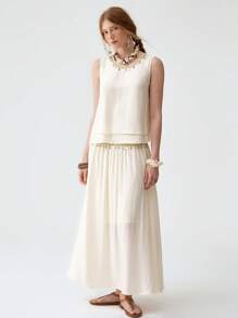 Florisole 波西米亚风无袖背心和阔腿裤两件套，休闲宽松 - 杏色 - 查看 4