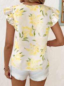 SHEIN Clasi Women's Elegant Floral Print Cap Sleeve Blouse, Summer - Yellow - View 2