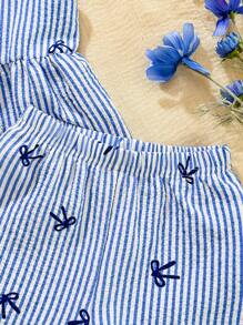 SHEIN 2 件套婴儿/幼儿女孩休闲日常可爱条纹蝴蝶结装饰吊带背心上衣 + 短裤套装，春夏季 - 藍色 - 查看 5
