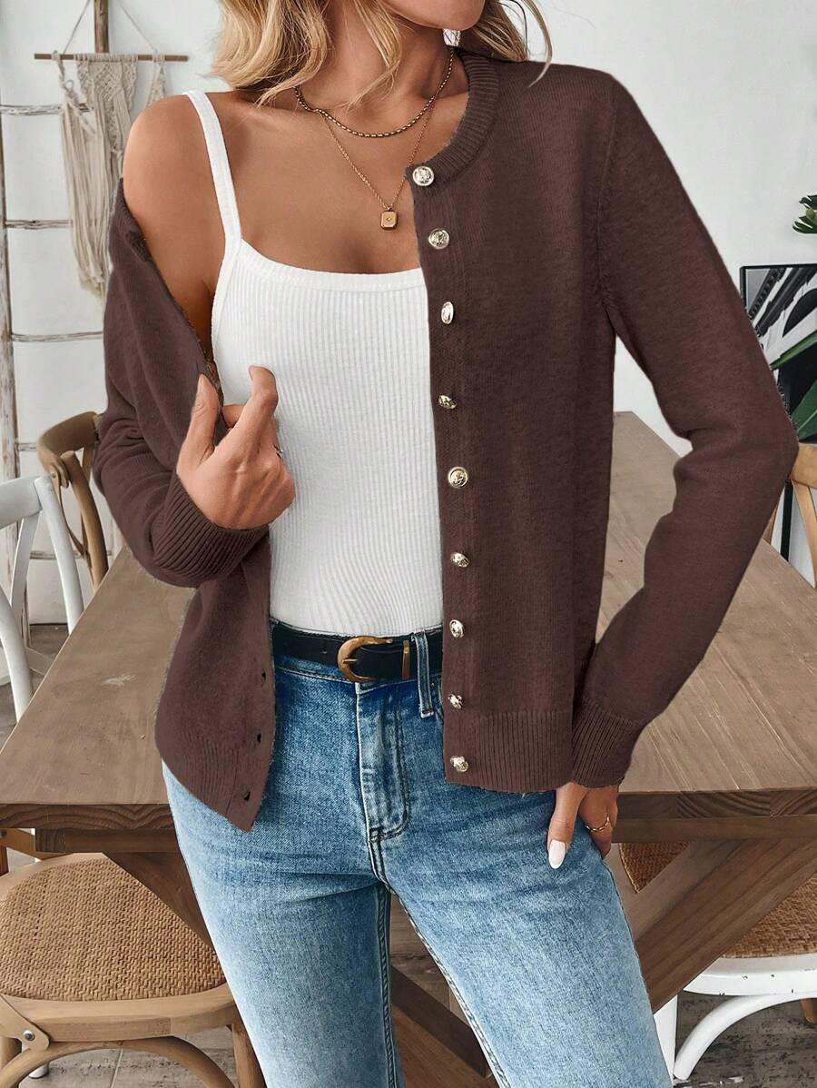 Franclia Women Casual Solid Color Long Sleeve Cardigan Fall Winter Cloth For Women - Coffee Brown - View 1